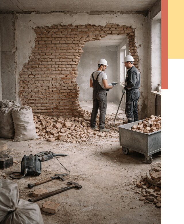 Демонтаж кирпичных стен в Мончегорске от 4242 руб. — быстро, недорого, под ключ | ОТДЕЛОЧНИК-Мнч