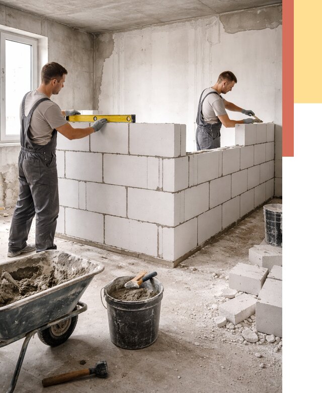 Кладка перегородок из ПГП в Мончегорске от 2525 руб./м2 — монтаж и возведение под ключ | ОТДЕЛОЧНИК-Мнч