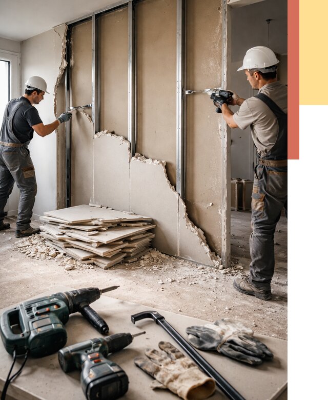 Демонтаж перегородки из гипсокартона в Мончегорске от 1212 руб. быстро и недорого | ОТДЕЛОЧНИК-Мнч