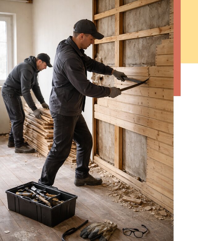 Демонтаж вагонки в Мончегорске от 3838 руб/м2 — быстро и недорого | ОТДЕЛОЧНИК-Мнч