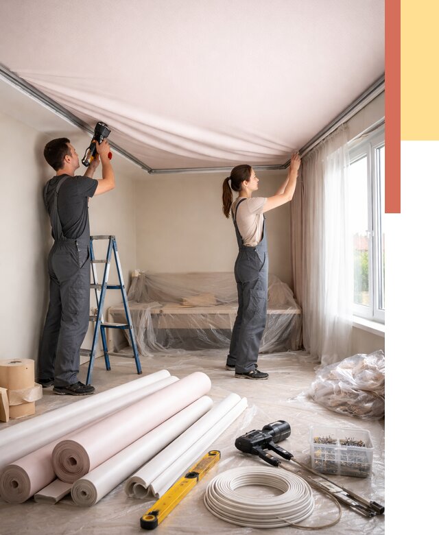 Монтаж цветного натяжного потолка в Мончегорске от 4242 руб/м² — быстро и недорого | ОТДЕЛОЧНИК-Мнч