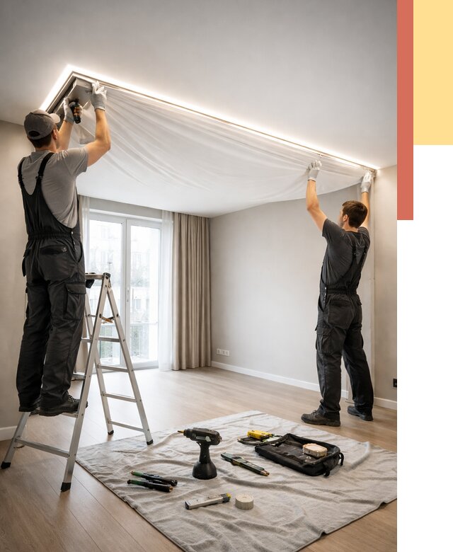 Монтаж парящего натяжного потолка в Мончегорске от 4545 руб. быстро и недорого | ОТДЕЛОЧНИК-Мнч