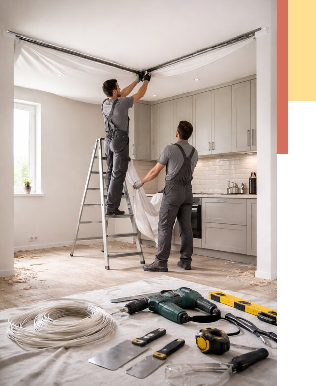 Установка натяжного потолка на кухне в Мончегорске от 2424 руб. | ОТДЕЛОЧНИК-Мнч