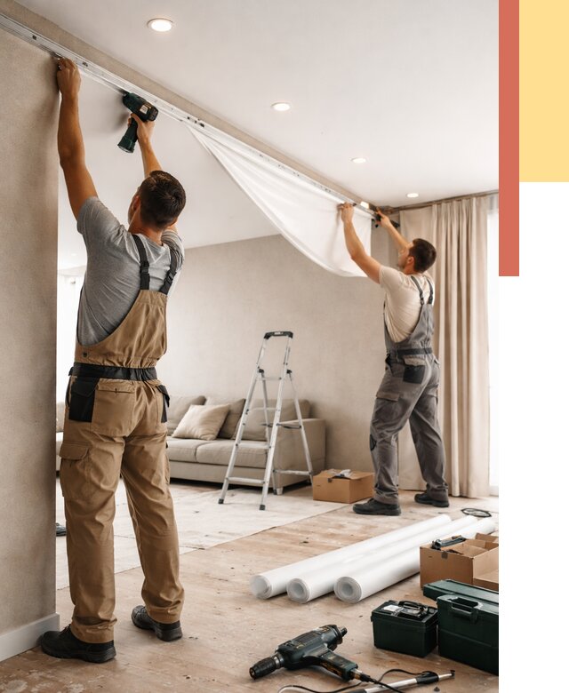 Монтаж натяжного потолка в гостиной в Мончегорске от 556 руб. | ОТДЕЛОЧНИК-Мнч