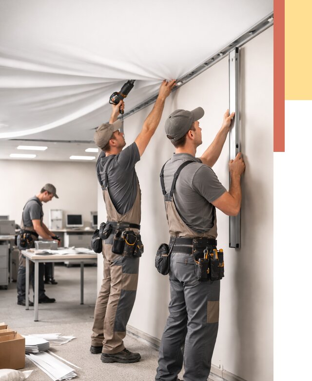 Монтаж натяжного потолка в офисе в Мончегорске от 455 руб/м² — быстро и недорого | ОТДЕЛОЧНИК-Мнч