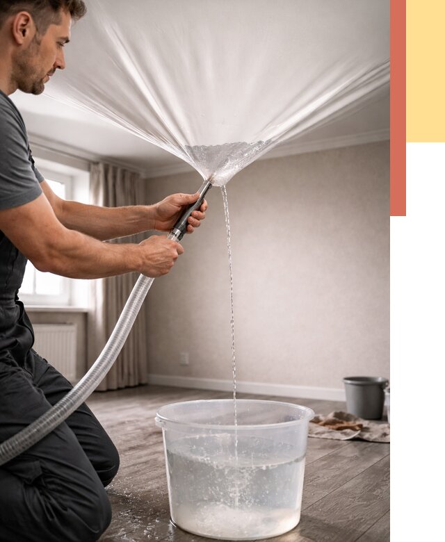 Слив воды с натяжного потолка в Мончегорске от 2525 руб. быстро и недорого | ОТДЕЛОЧНИК-Мнч