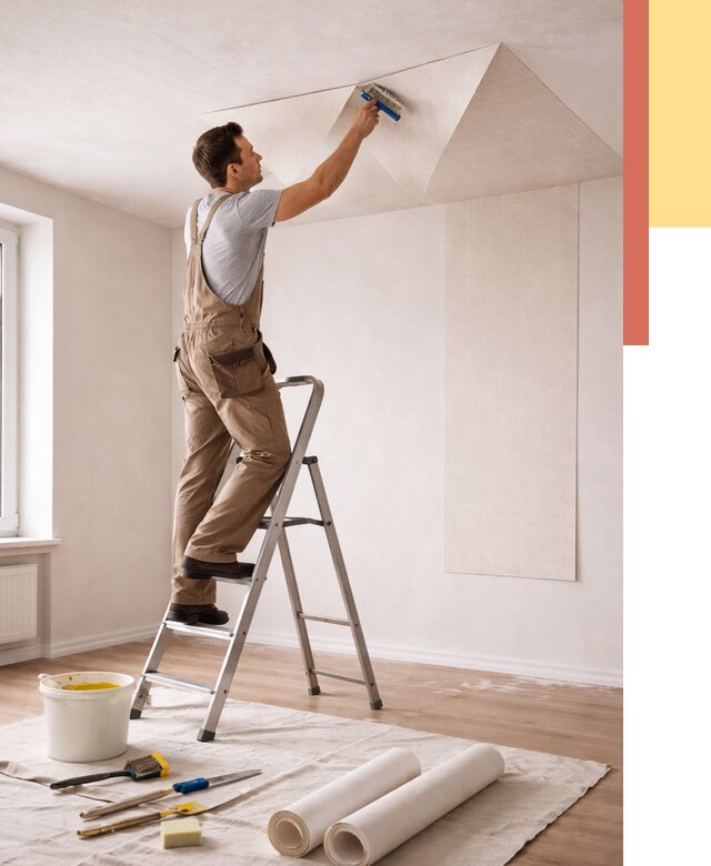 Поклейка обоев на потолок в Мончегорске от 4545 руб. быстро и недорого | ОТДЕЛОЧНИК-Мнч